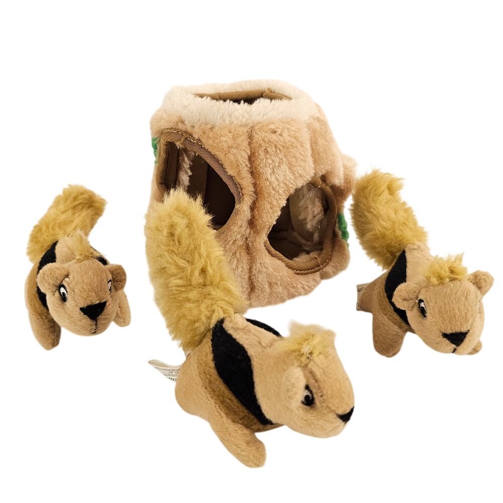Dog Toy Outward  Hound Plush Squirrel Tree Stump Hideaway Toy Set 3 Squirrels